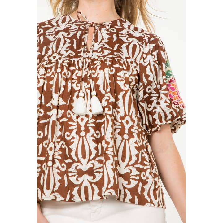 BROWN Print Top With Embroidery for wholesale on Faire