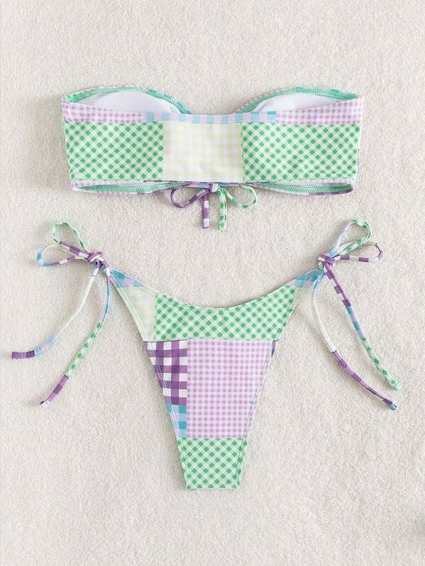 Sweetkama – wholesale Tvådelad baddräkt - Dam – 2 Piece Lattice Print String Slips Baddräkt Bikini Set6