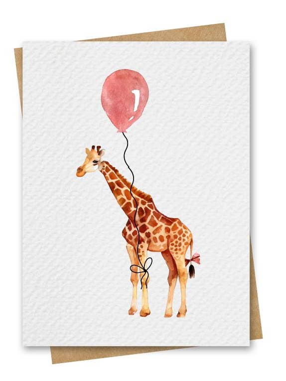 Carte d'anniversaire girafe aquarelle avec ballon rouge pour la vente par Paper Kuts
