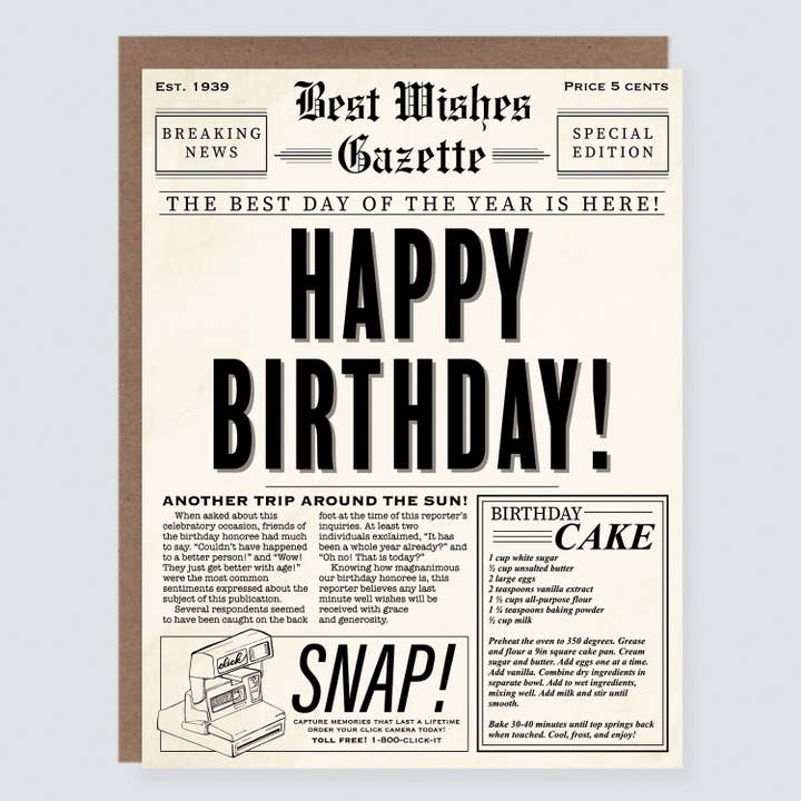 Vintage Newspaper Punny Birthday Card for wholesale by Morgan Swank Studio
