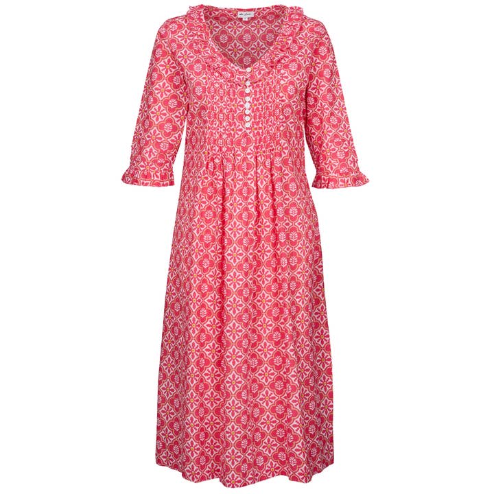Cotton Karen 3/4 Sleeve Day Dress in Coral & White Flower for wholesale by At Last
