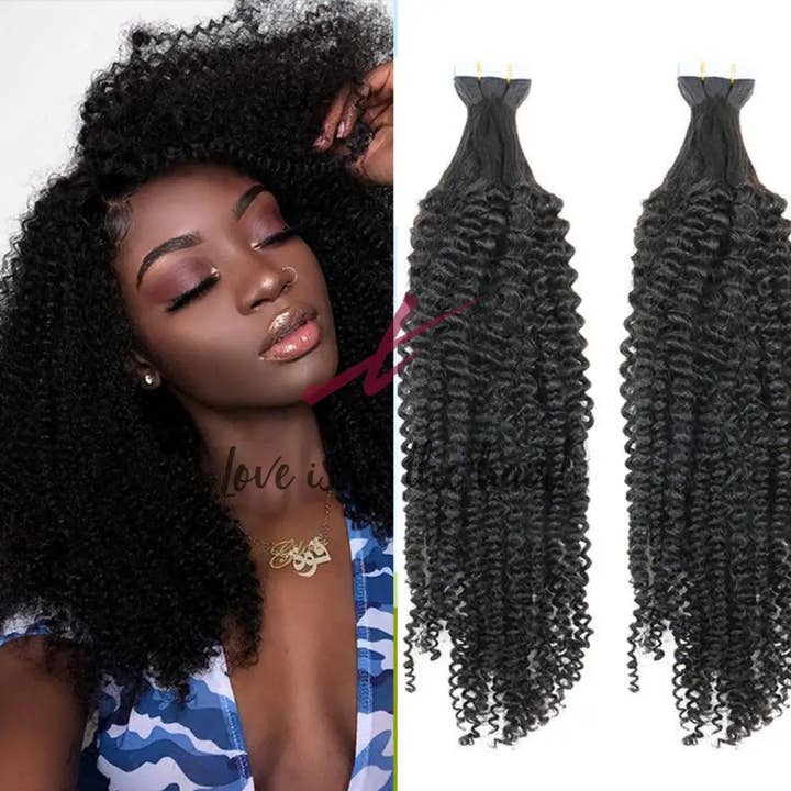Natural Color B Kinky Curly | Tape In Human Hair Extensions | Brazilian Virg for wholesale on Faire