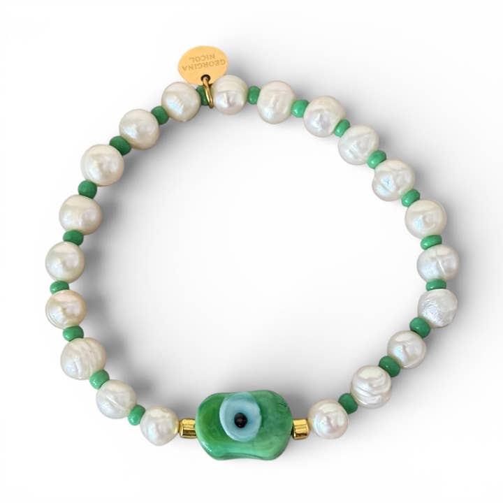 Pulseira de Pérolas de Água Doce com Olho Grego de Vidro Murano Verde por atacado de Georgina Nicol