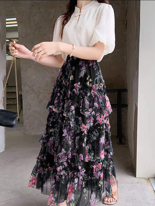 PEACH ACCESSORIES - Wholesale Skirt - Women's - Twirl Worthy Floral Ruffle Skirt SK1937