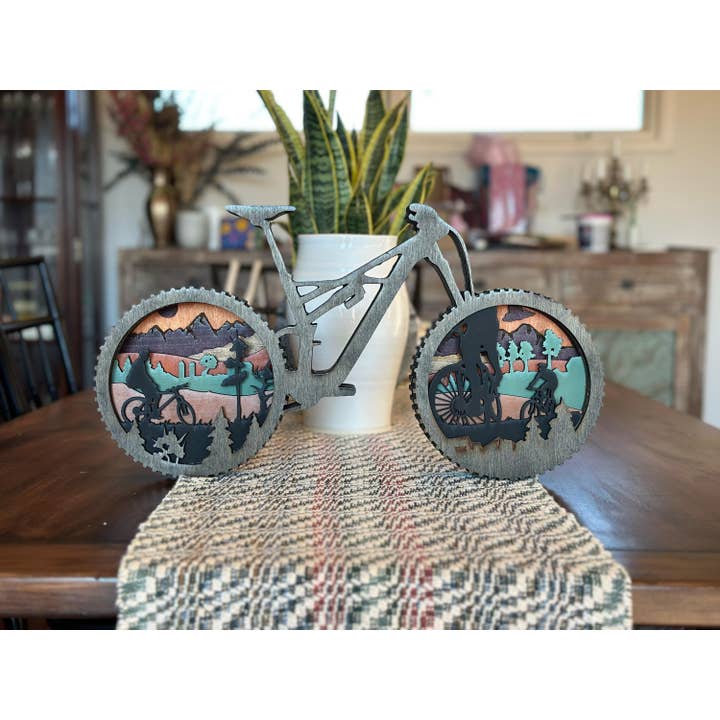 Handmade Rustic Mountain Bike Wall Art for Cyclists for wholesale by Carving Nomad