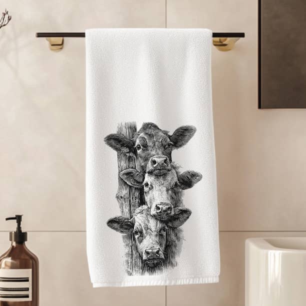 Farmhouse Hand Towel: Rustic Cow Design, Elegant Home for wholesale by Fernville Creations