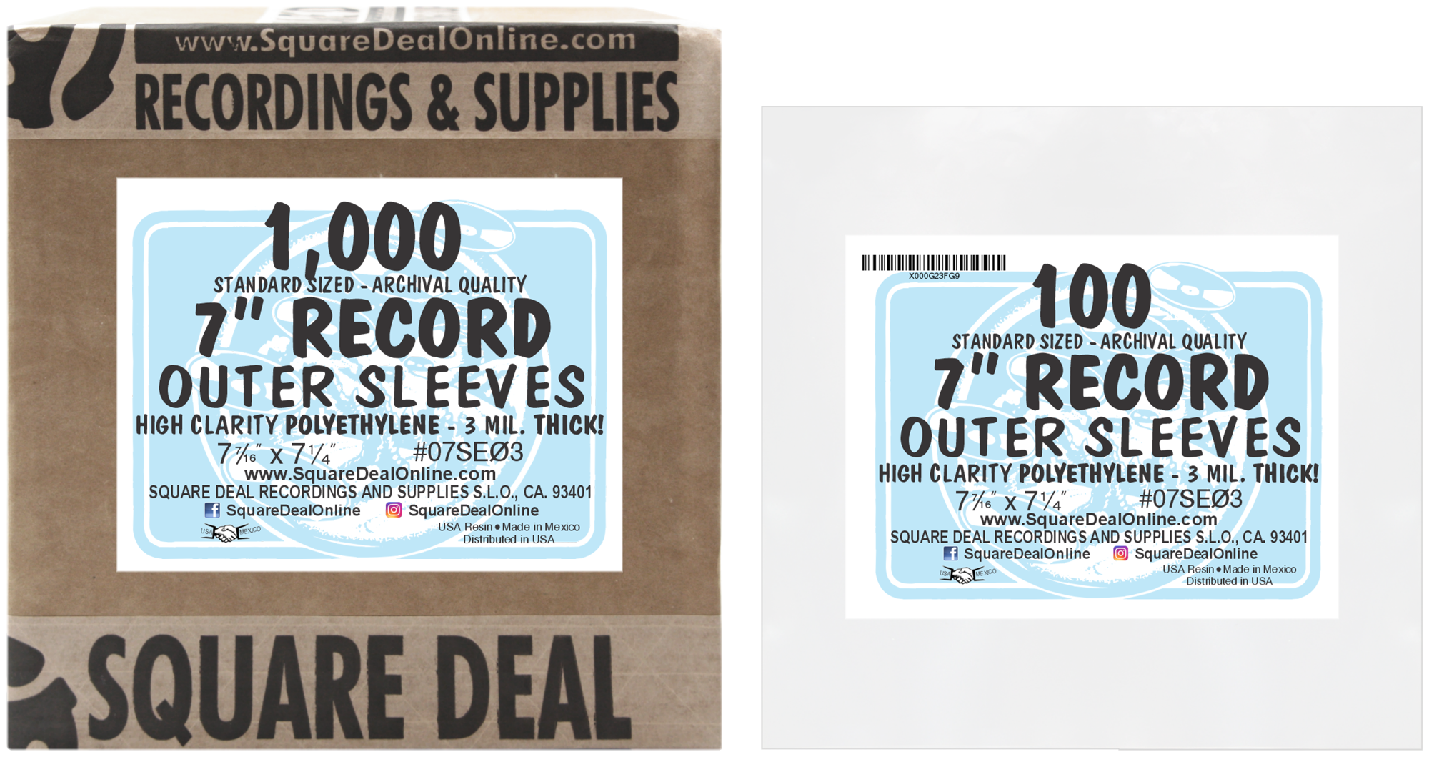 Square Deal Recordings & Supplies – Acessório de música por atacado – Capas Externas para Discos de 7" Slim Fit - Polietileno - 3 Mil2