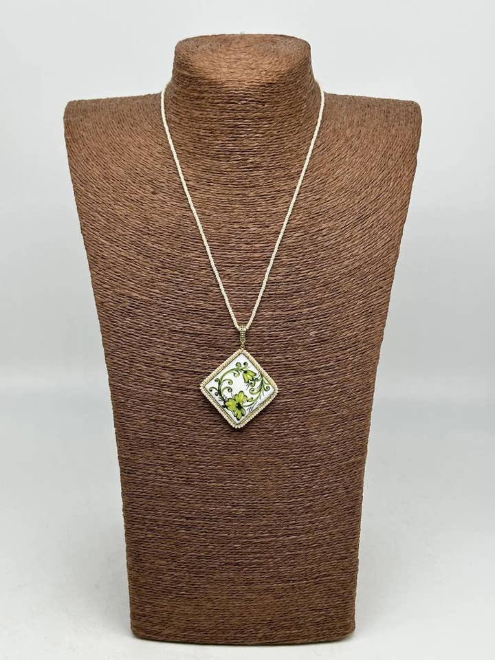 Caltagirone Ceramic Tile Necklace with Green Baroque Decor, white beaded chain for wholesale by DD Ceramiche Siciliane