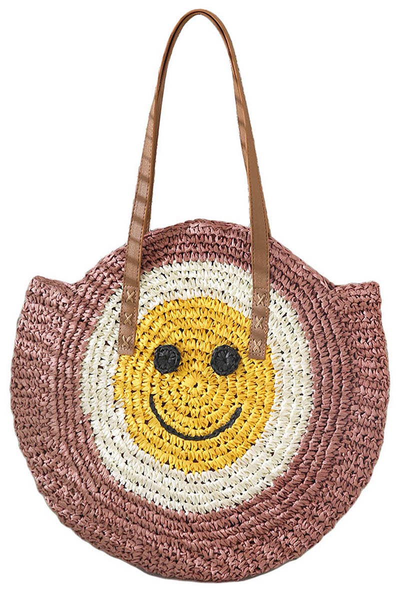 Cap Zone - Vendita all'ingrosso Borsa da spiaggia - Borsa da spiaggia rotonda in rattan con faccina sorridente10