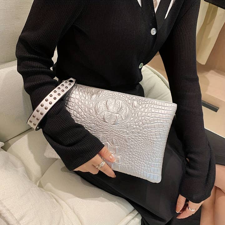 BBTOHOUSE - Wholesale Clutch Bag - Women's - Crocodile Pattern Square Clutch Bag - Zipper Closure, Fixed Shoulder Straps, Animal Print PU Handbag with Polyester Lining and Wristlet - Fashionable Studded Decor for Women