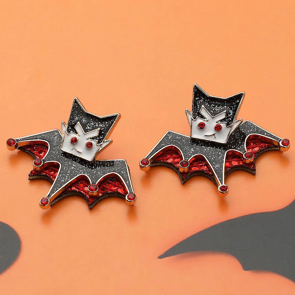 Sensibling Corp. - Wholesale Stud/Post Earrings - Glittered Enamel Halloween Vampire Bat Earrings0