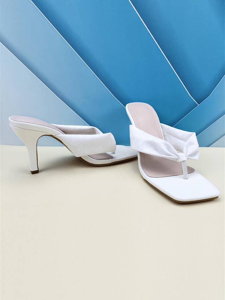 Woven Pattern Knot Toe Thong High Heeled Mule Sandal In White for wholesale by FS Collection