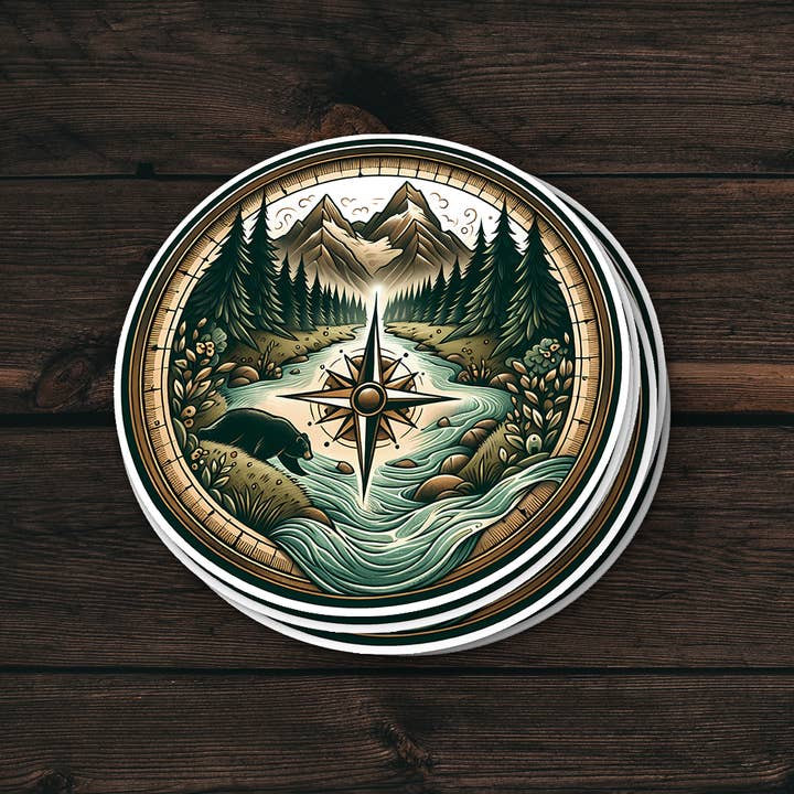 Compass Sticker | River Gold Design | Waterproof Vinyl for wholesale by PiggyPrintStickers