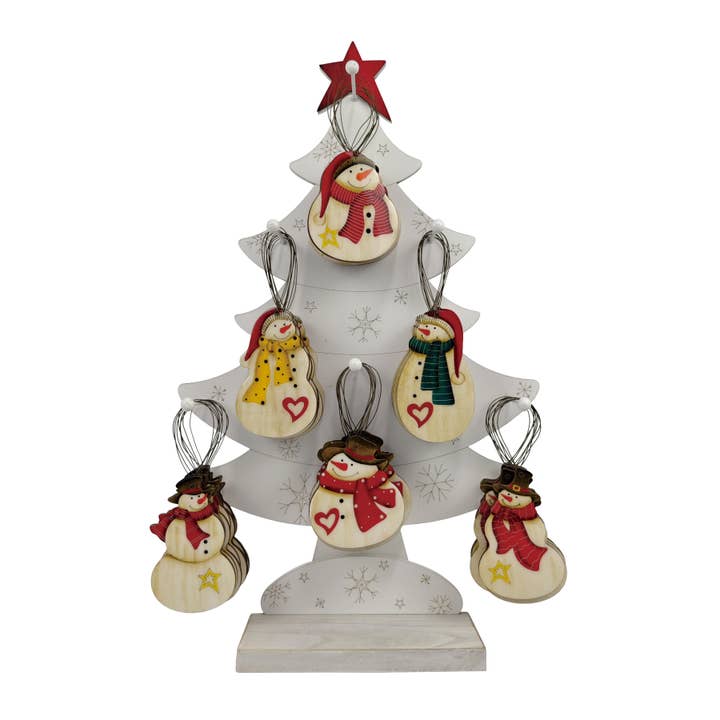 Multicolor Plywood/Epoxy Snowman Ornaments 6 Designs for wholesale by Transpac