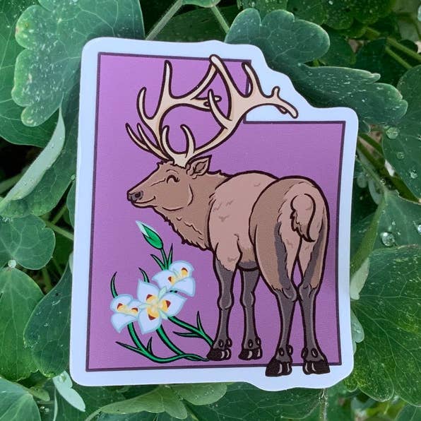 Sticker - Utah state Rocky Mountain Elk and Sego Lily for wholesale by Thruhalia's Art