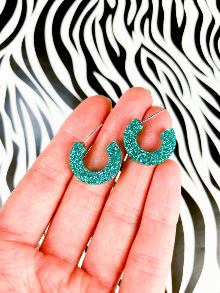 Medium Teal Holographic Glitter Acrylic Circle Hoops for wholesale by Sapphire Frills Ltd