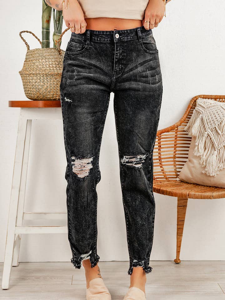 Jean noir délavé coupe slim déchiré pour la vente par Trendi Lady