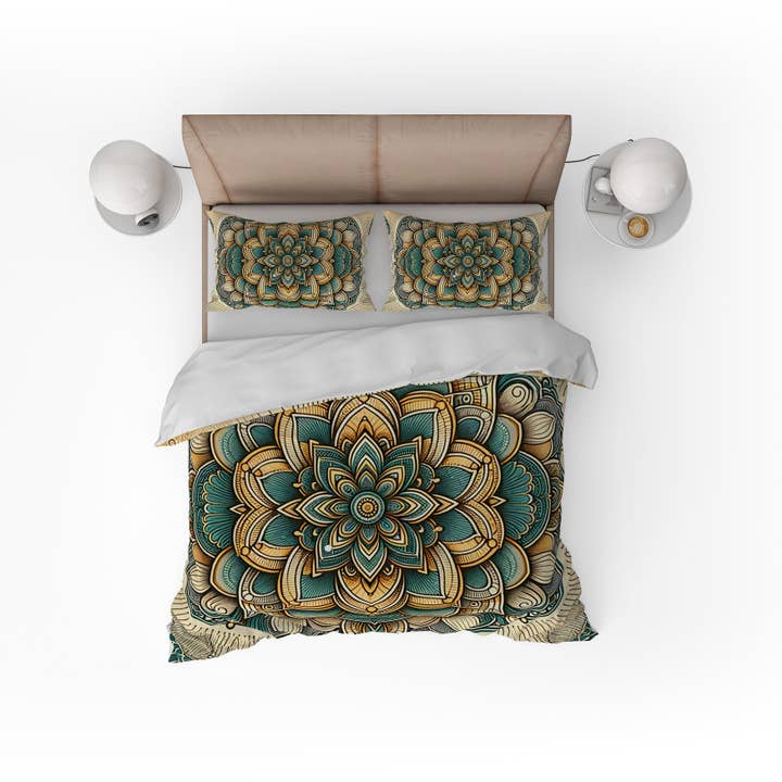 Golden Floral Indian Mandala Reversible Quilt Cover Duvet Cover Set for wholesale by Adore India