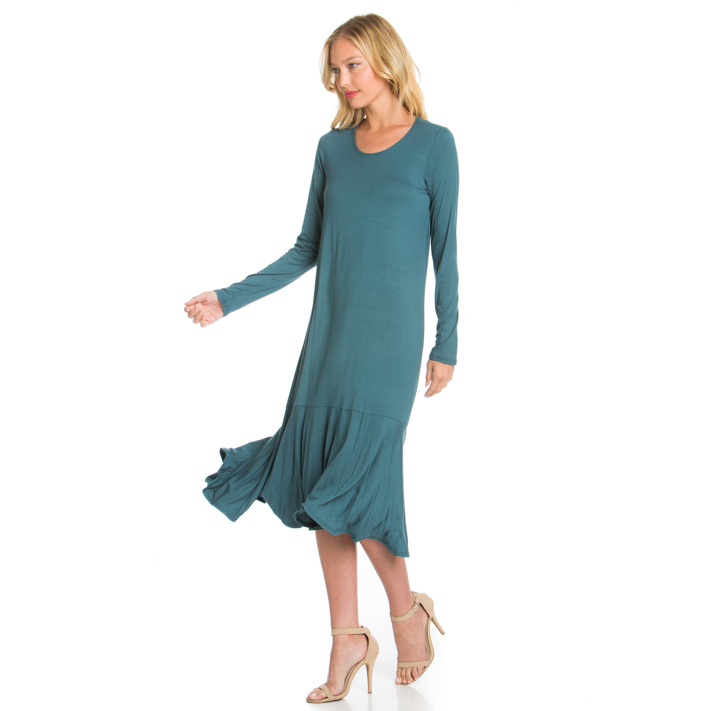 Azules Clothing - Wholesale Dress - Women's - ADM-8258RS Ruffle Hem Long Sleeve Midi Dress2