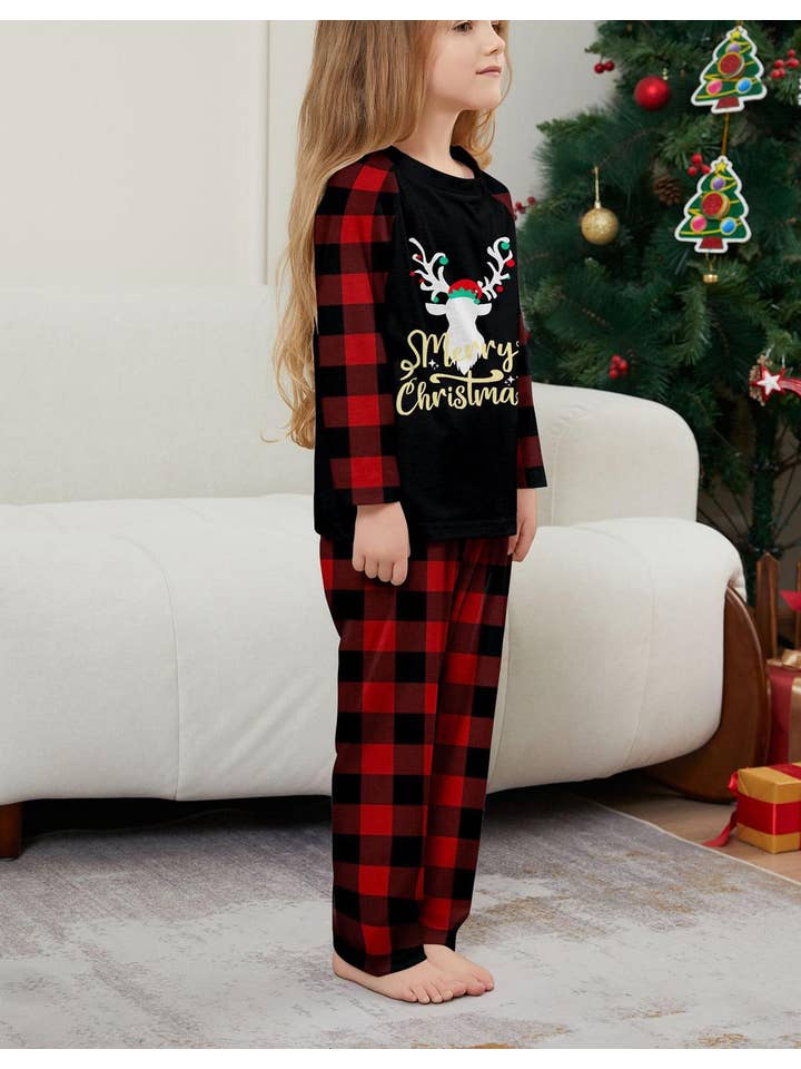 Anna Kaci Wholesale - Wholesale Sleepwear Set - Unisex - Family Christmas Pajama Set with Black Tops Red Plaid Pants1