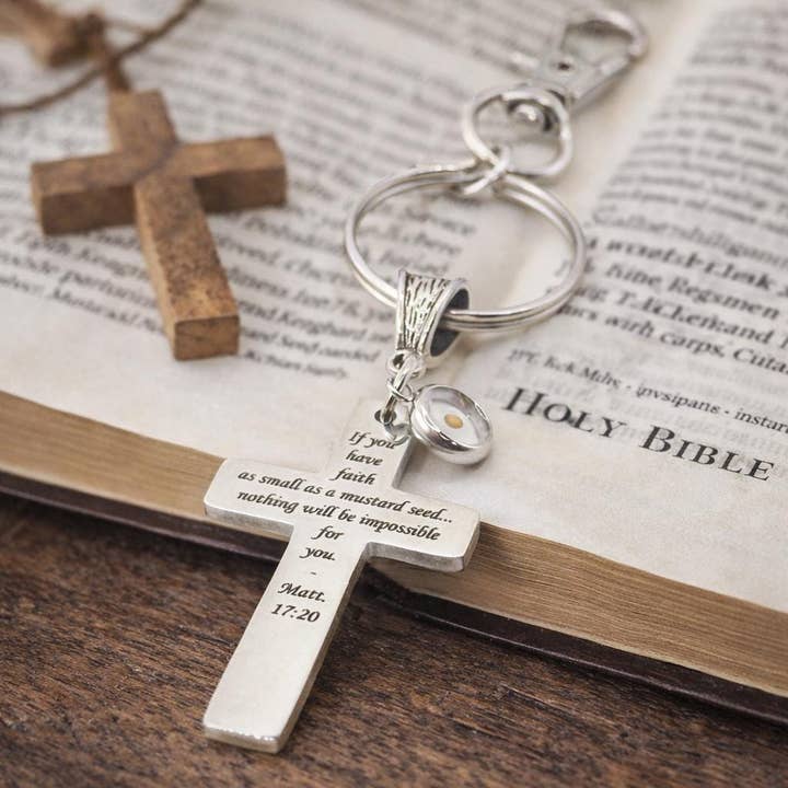 Mustard Seed Faith Cross Clip On Keychain Stainless Steel Christian Keychain Scripture Gift Matt 17 20 Inspirational Faith for wholesale by JKCE Designs