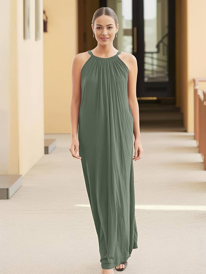 Modal/Cotton Maxi Dress with Halter Bow Tie for wholesale by Clean Tee Factory