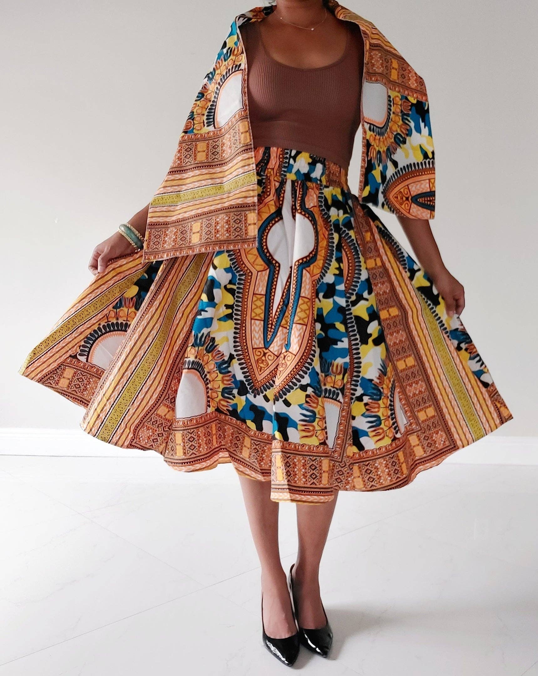 India Batik - Wholesale Skirt - Women's - 1090 Women Mid Length Dashiki Print Skirt- Pink3