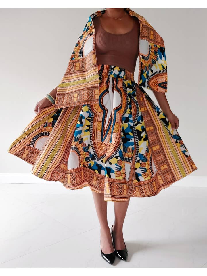 India Batik - Wholesale Skirt - Women's - 1090 Women Mid Length Dashiki Print Skirt- Pink3