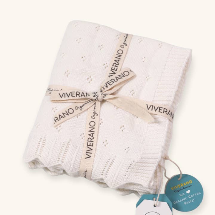 Dove White klassisk pointelle strikket baby tæppe (økologisk) for engroshandel hos Viverano Organics