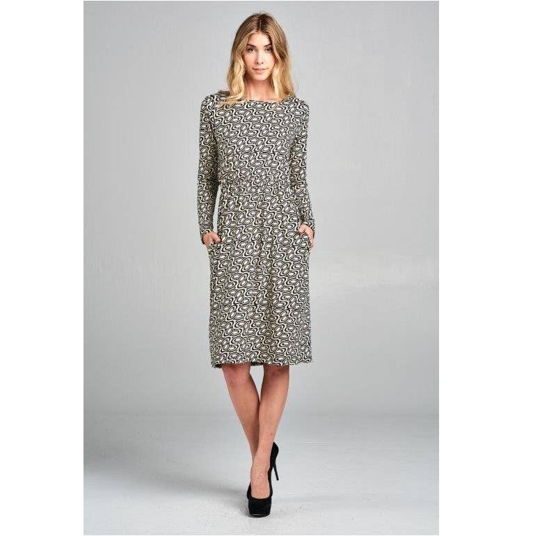 LKLUV - Wholesale Dress - Women's - Made in USA - Printed Long Sleeve Modern Cinched Midi Dress