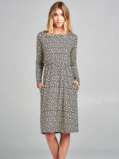 LKLUV - Wholesale Dress - Women's - Made in USA - Printed Long Sleeve Modern Cinched Midi Dress0