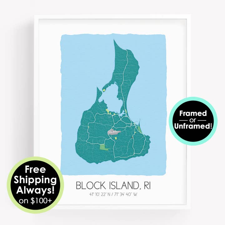 Block Island Rhode Island map print, watercolor map poster for wholesale by Sparks House Co.