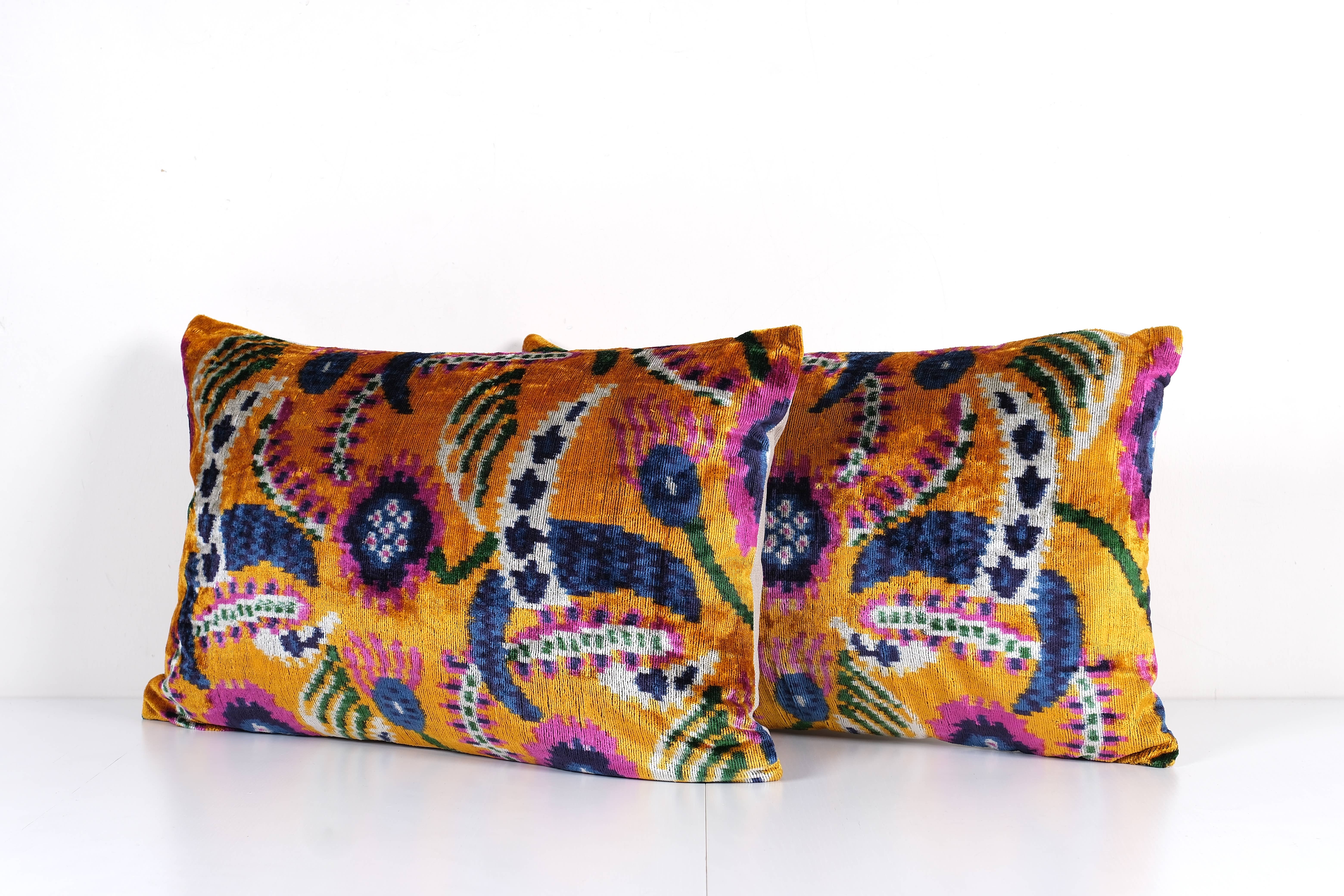Vintage Pillows Store - Wholesale Lumbar Pillow - Orange Velvet Ikat Cushion - Pair Silk Floral Lumbar Pillow 2