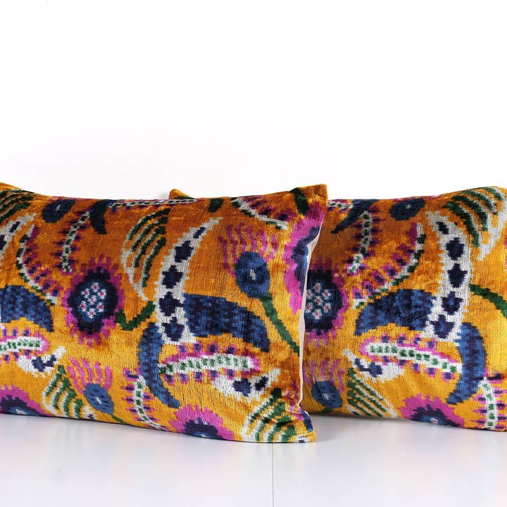 Vintage Pillows Store - Wholesale Lumbar Pillow - Orange Velvet Ikat Cushion - Pair Silk Floral Lumbar Pillow 2