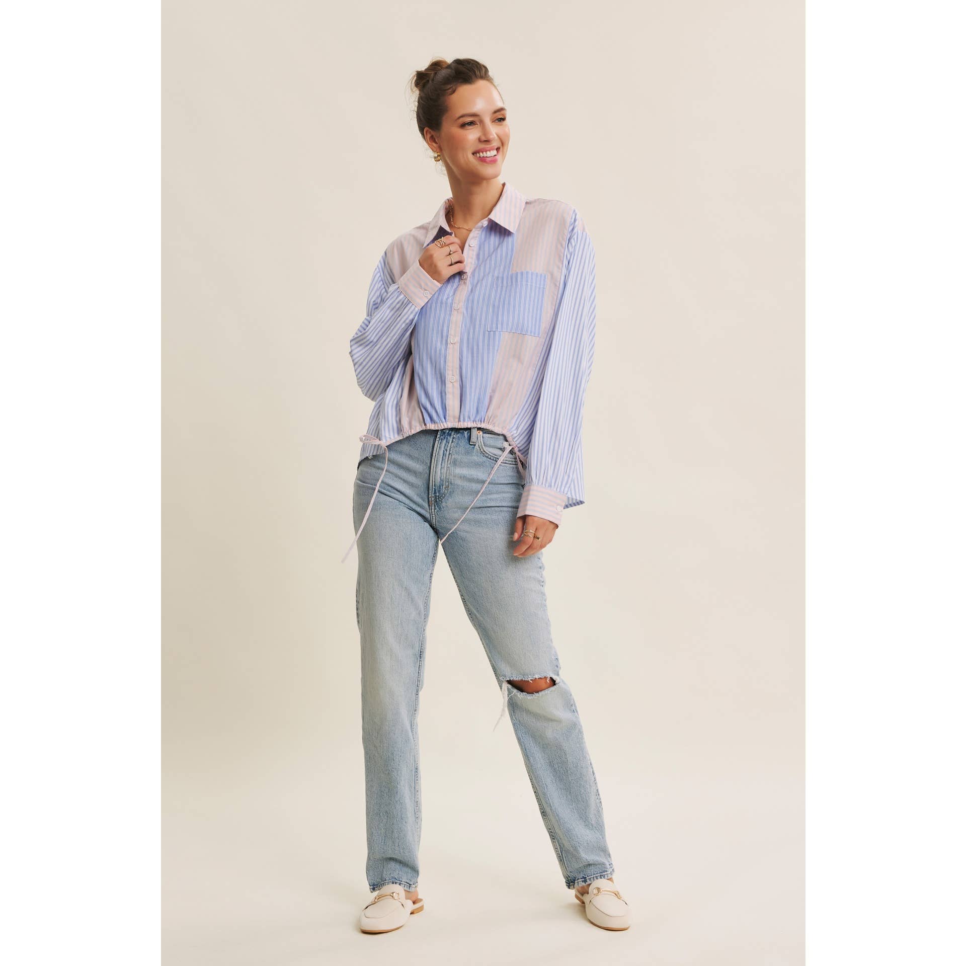 BLUE MULTI CLASSIC MEETS PLAYFUL STRIPE MIX DRAWSTRING WAIST SHIRT for wholesale on Faire11