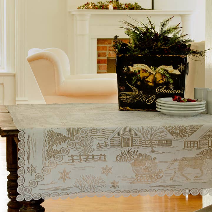Sleigh Ride 42x42 White Lace Tablecloth for wholesale by Heritage Lace