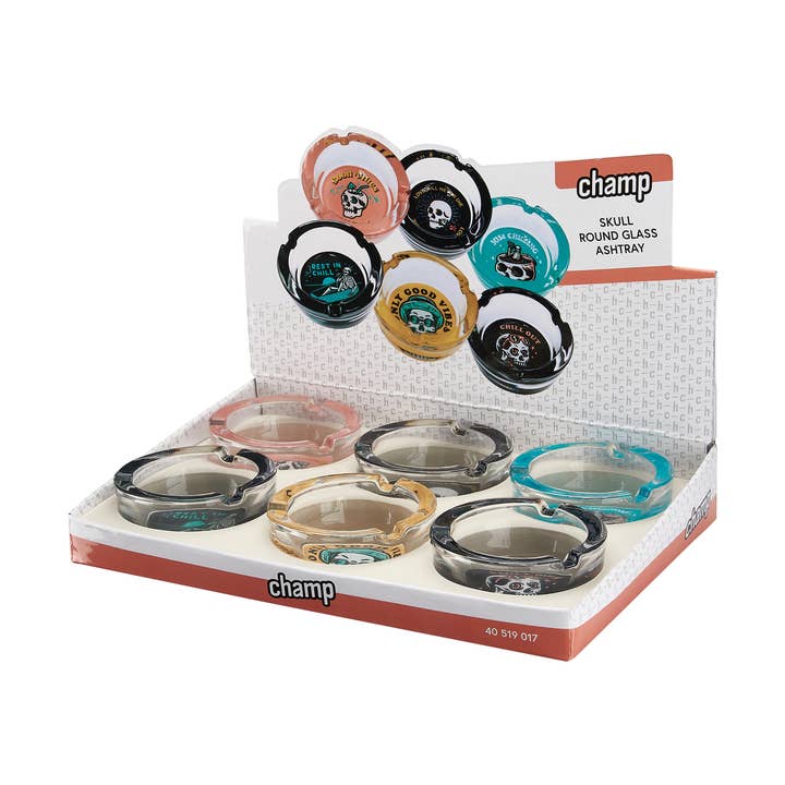 Skull decorated glass ashtray for wholesale by Champ by Polyflame