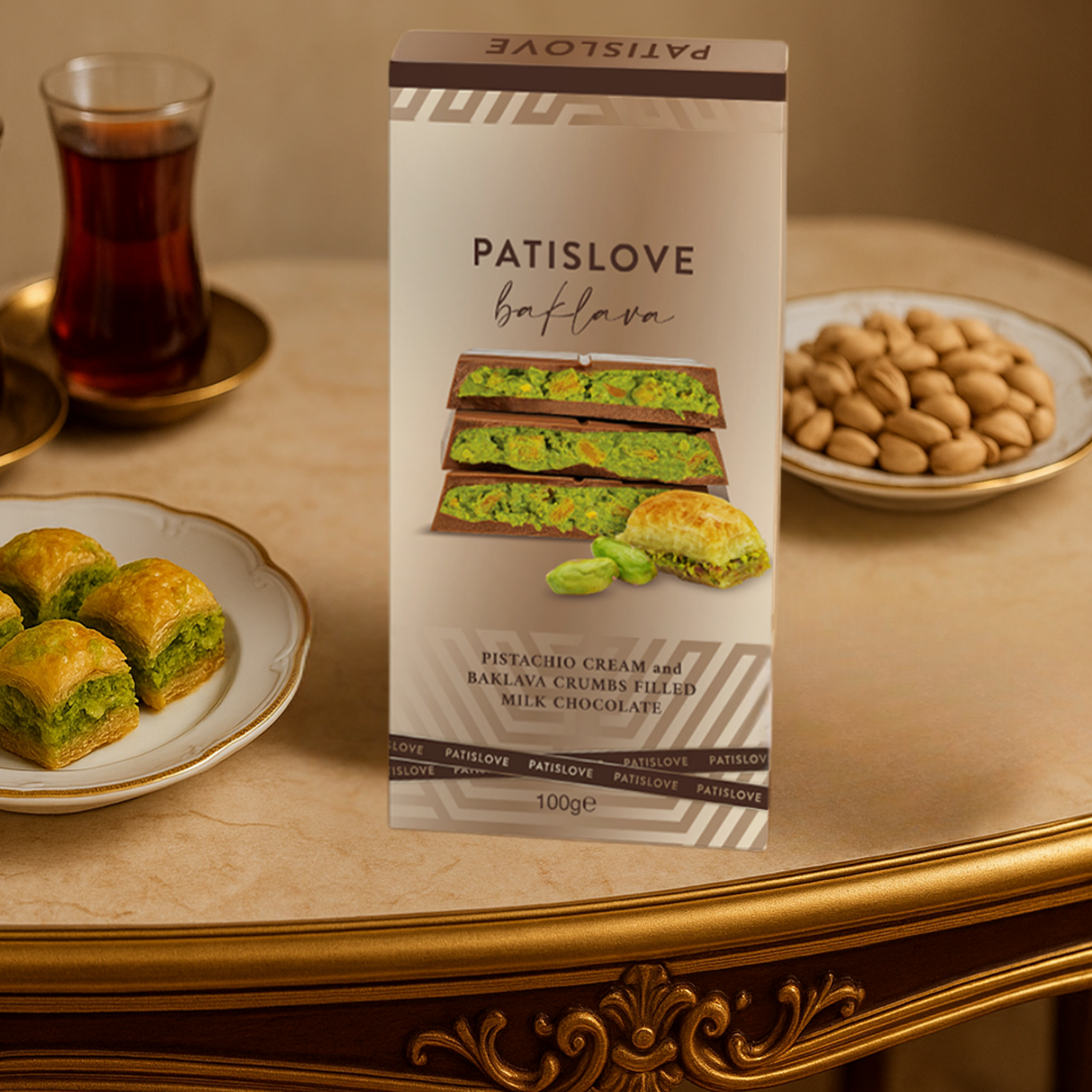 Patislove - Wholesale Chocolate - Pistachio Cream and Baklava Crumbs Filled Milk Chocolate5
