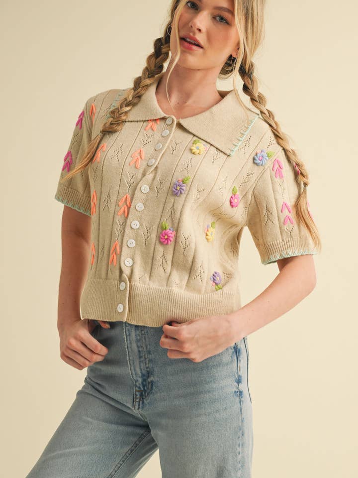 &MERCI - Wholesale Knit Sweater - Women's - HAND EMBROIDERED SHORT SLV BUTTON DOWN SWEATER MSW109538
