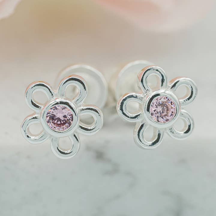 Sterling zilveren kinderschroef-back outline daisy oorbellen-roze voor wholesale door Cherished Moments