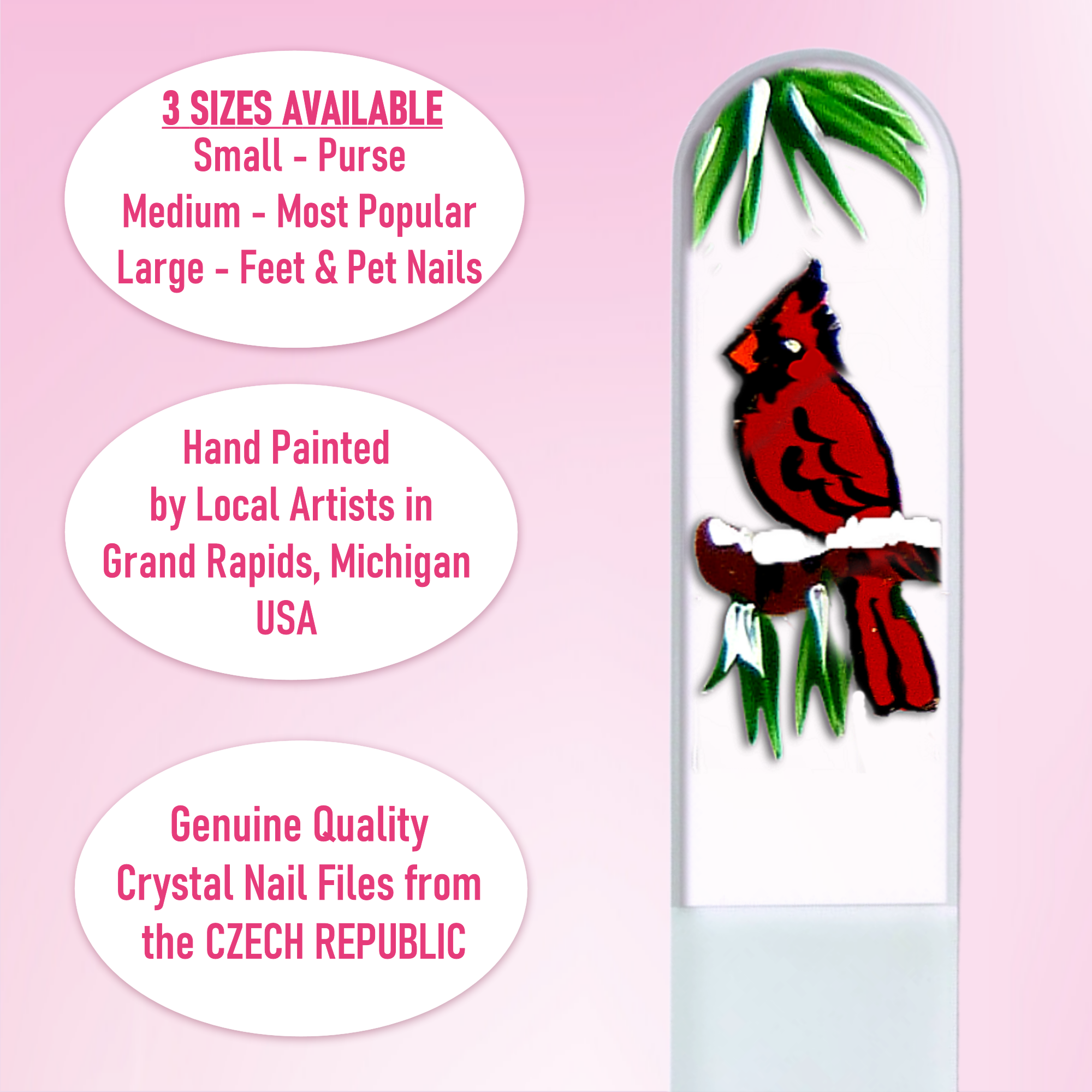 Classy Nail Files – Lima de unhas por atacado – Lima de Unhas de Cristal Checa Pintada à Mão com Pássaro Cardinal e Neve6