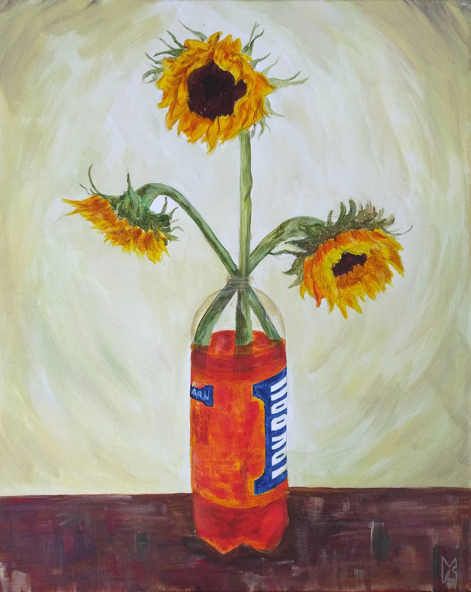 Lee McGuire Art – wholesale Art print – Sunflowers in Scottish "Iron Brew" soft drink Art Print1