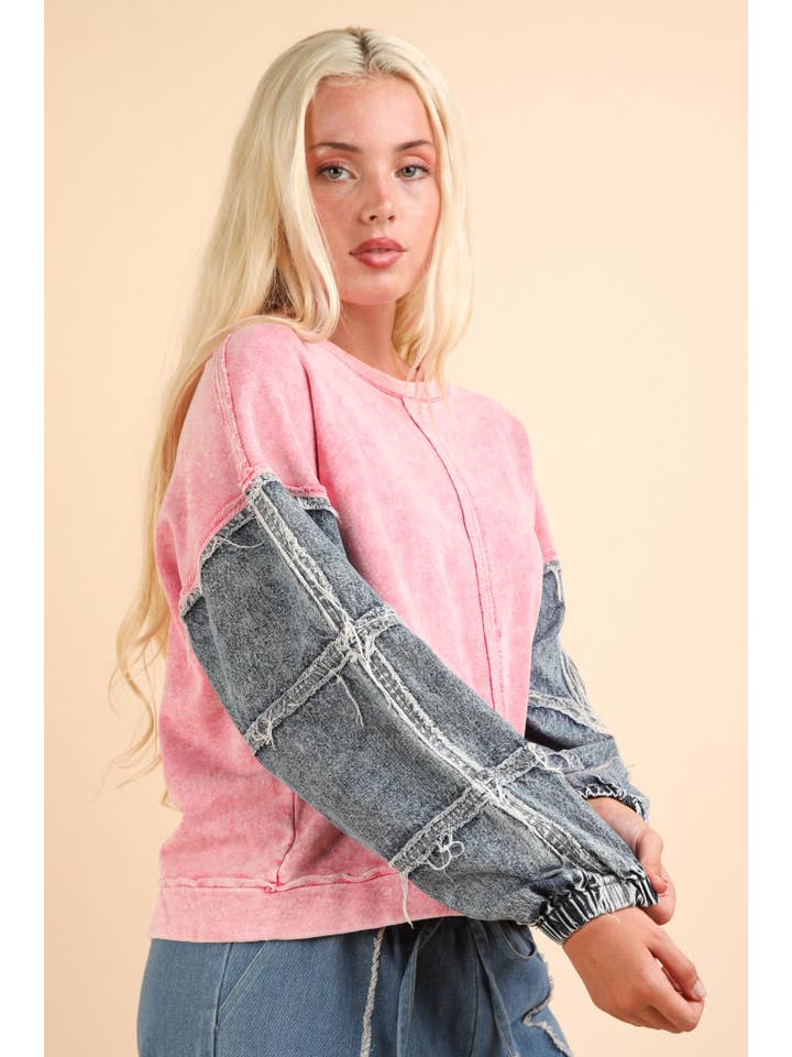VERY J - Wholesale Knit Top - Women's - NT11776-Acid Washed Oversized Denim Sleeve Casual Top