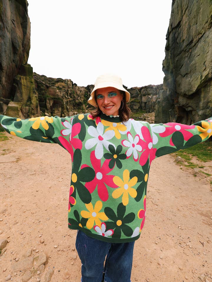 Floral Green Super Oversized Knitted Jumper for wholesale by BYREDMEG