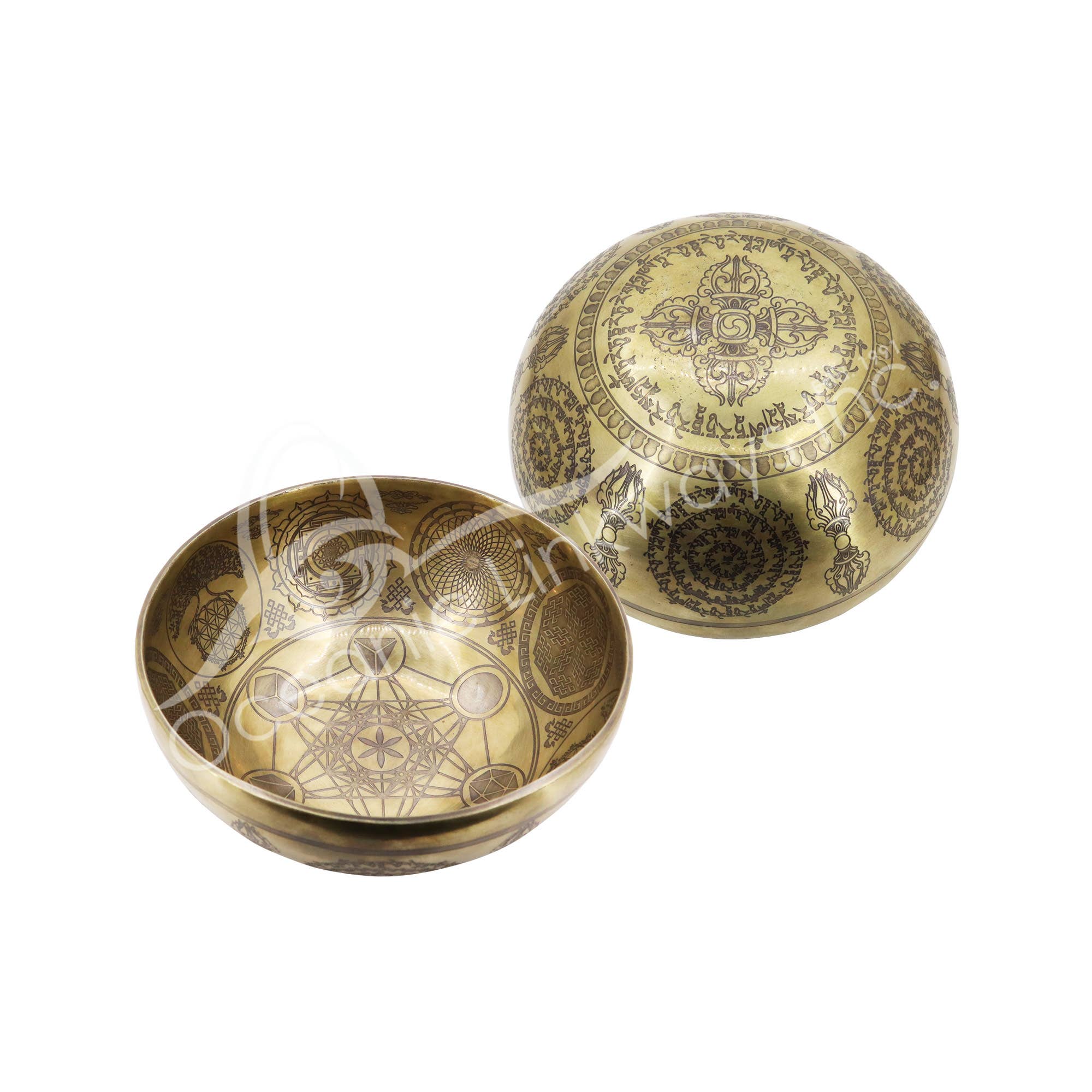 Oceanic Linkways Inc - Wholesale Spiritual Stone/Crystal - (KG)SINGING BOWL - HANDMADE METATRON CUBE ENGRAVED 8"DIA.1