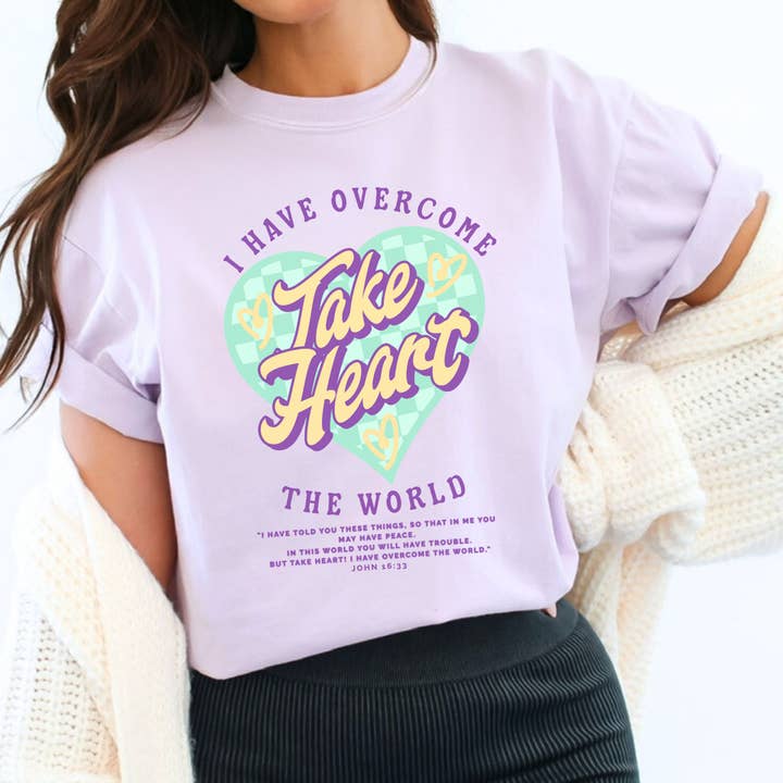 Take Heart Christian Graphic Tee for wholesale by Cross & Crown Designs LLC