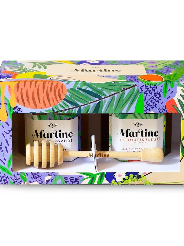 Caja Gourmet con 2 frascos de 250 g y cuchara de miel grabada para venta al por mayor de MIEL MARTINE