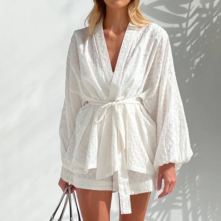 White Jacquard Weave Waisted Kimono Two Piece Set for wholesale on Faire14
