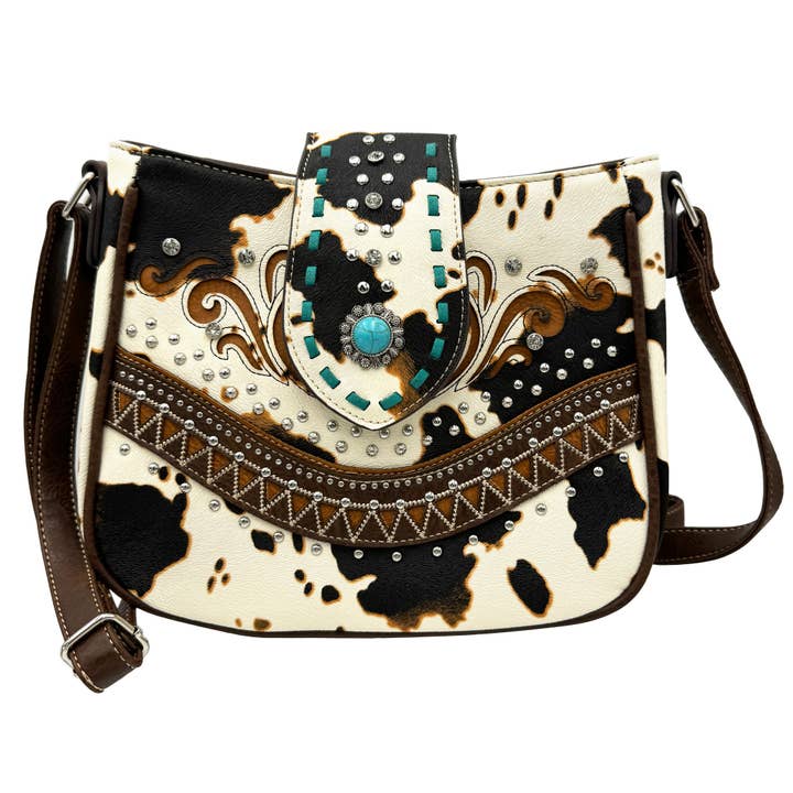 Lunar Deer - Wholesale Crossbody Bag - Women's - Crown Buckle Cow Print Floral Western Crossbody Bucket Bag