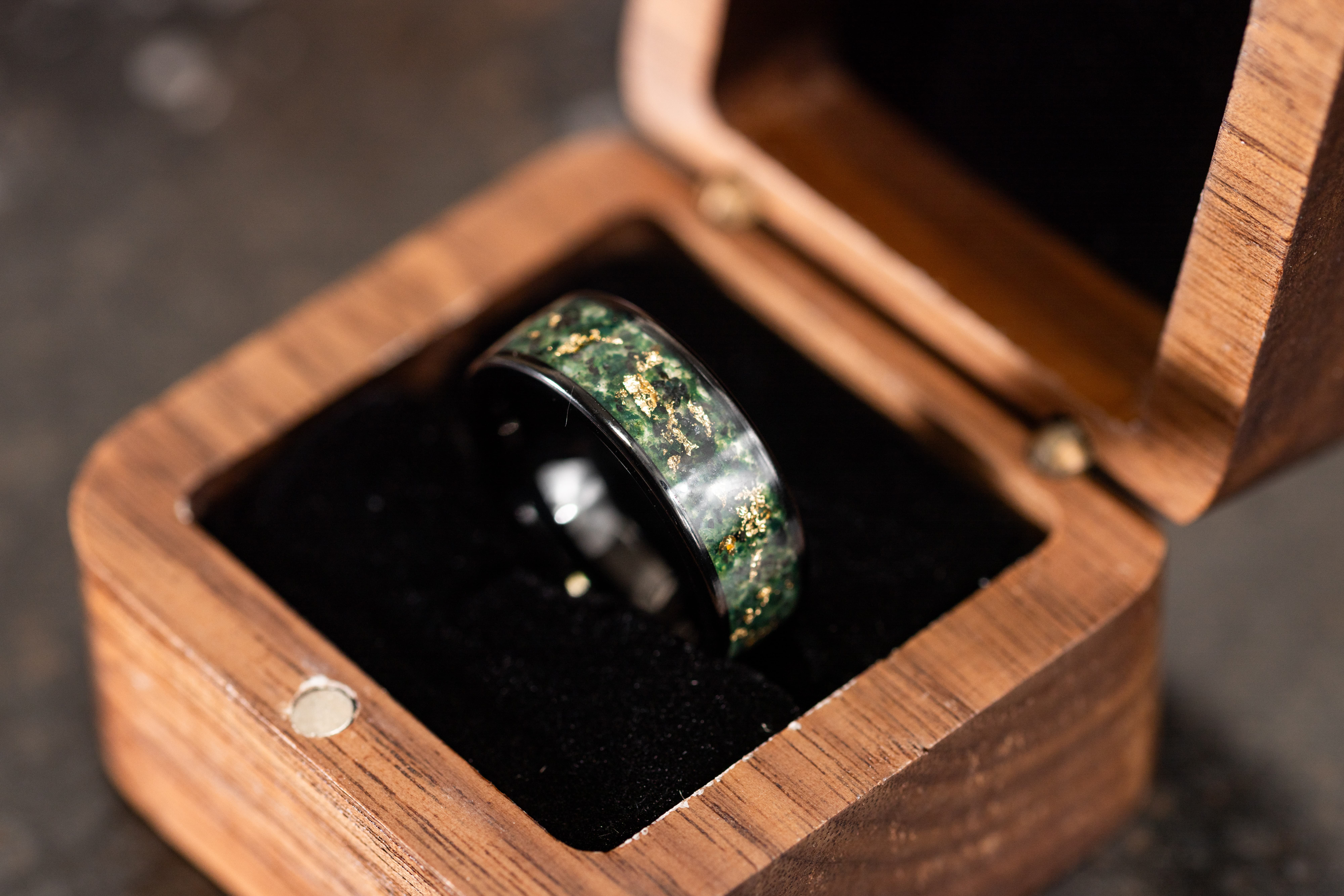 AxBands - Wholesale Wedding Band/Ring - Black Ring with 24k Gold Flake and Moss Agate Stone Inlay3